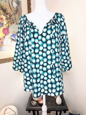 LOFT Polka Dot Blouse Teal Navy Sheer Peasant Top Boho Size Large